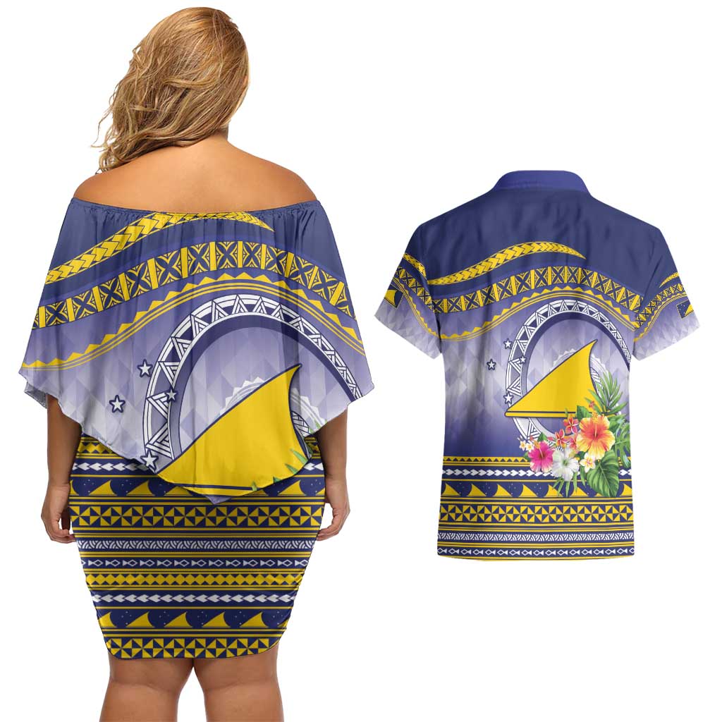 Tokelau Tuluma Couples Matching Off Shoulder Short Dress and Hawaiian Shirt Polynesian Tropical Flowers LT9 - Polynesian Pride