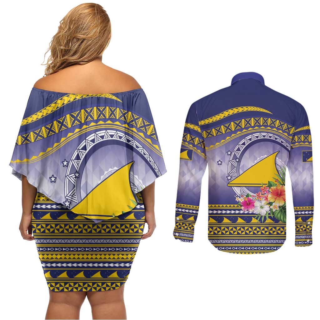 Tokelau Tuluma Couples Matching Off Shoulder Short Dress and Long Sleeve Button Shirt Polynesian Tropical Flowers LT9 - Polynesian Pride