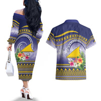 Tokelau Tuluma Couples Matching Off The Shoulder Long Sleeve Dress and Hawaiian Shirt Polynesian Tropical Flowers LT9 - Polynesian Pride