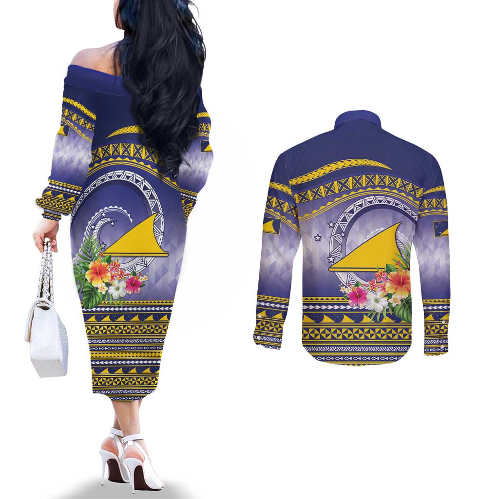 Tokelau Tuluma Couples Matching Off The Shoulder Long Sleeve Dress and Long Sleeve Button Shirt Polynesian Tropical Flowers LT9 - Polynesian Pride
