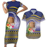 Tokelau Tuluma Couples Matching Short Sleeve Bodycon Dress and Hawaiian Shirt Polynesian Tropical Flowers LT9 Blue - Polynesian Pride