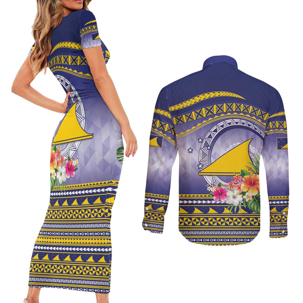 Tokelau Tuluma Couples Matching Short Sleeve Bodycon Dress and Long Sleeve Button Shirt Polynesian Tropical Flowers LT9 - Polynesian Pride