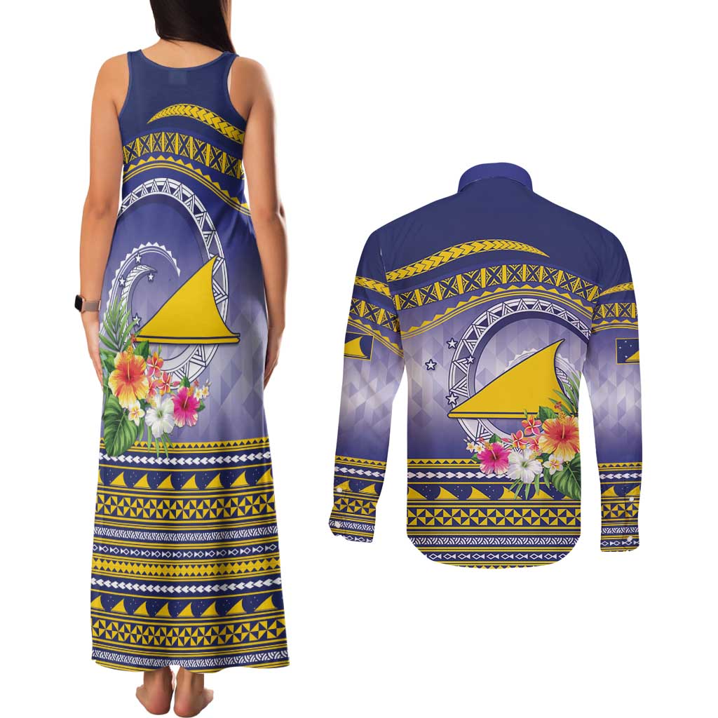 Tokelau Tuluma Couples Matching Tank Maxi Dress and Long Sleeve Button Shirt Polynesian Tropical Flowers LT9 - Polynesian Pride