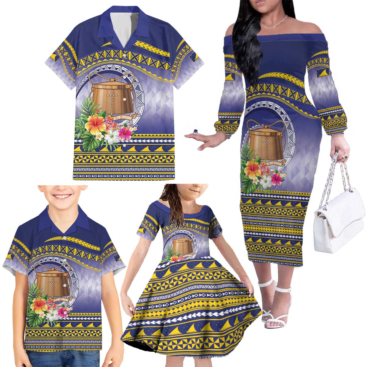 Tokelau Tuluma Family Matching Off The Shoulder Long Sleeve Dress and Hawaiian Shirt Polynesian Tropical Flowers LT9 - Polynesian Pride
