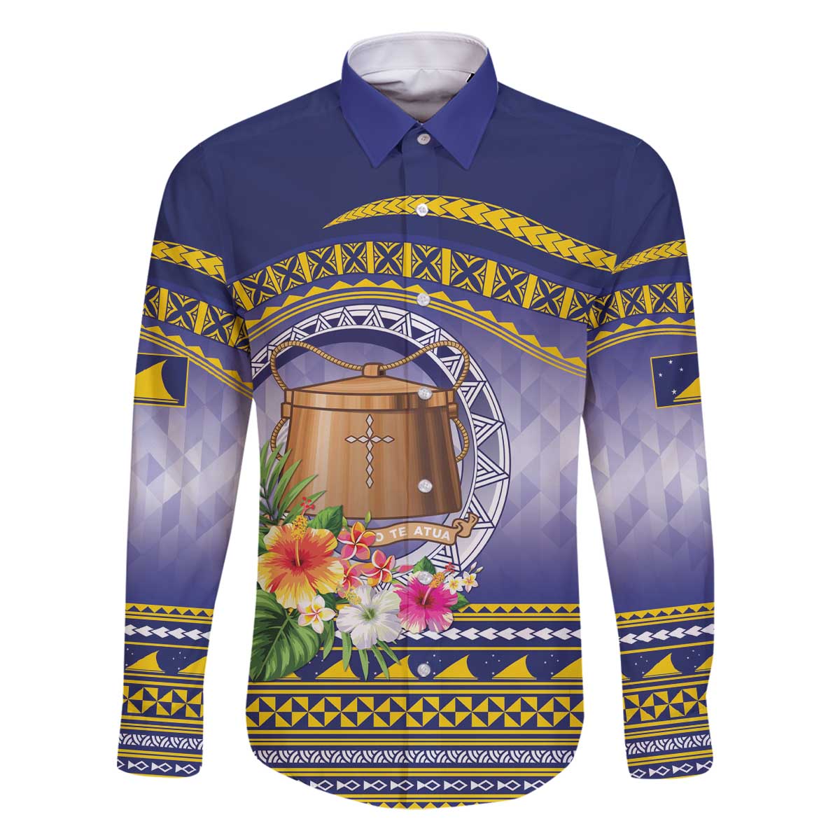 Tokelau Tuluma Family Matching Off The Shoulder Long Sleeve Dress and Hawaiian Shirt Polynesian Tropical Flowers LT9 Dad's Shirt - Long Sleeve Blue - Polynesian Pride