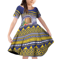 Tokelau Tuluma Family Matching Off Shoulder Short Dress and Hawaiian Shirt Polynesian Tropical Flowers LT9 Daughter's Dress Blue - Polynesian Pride