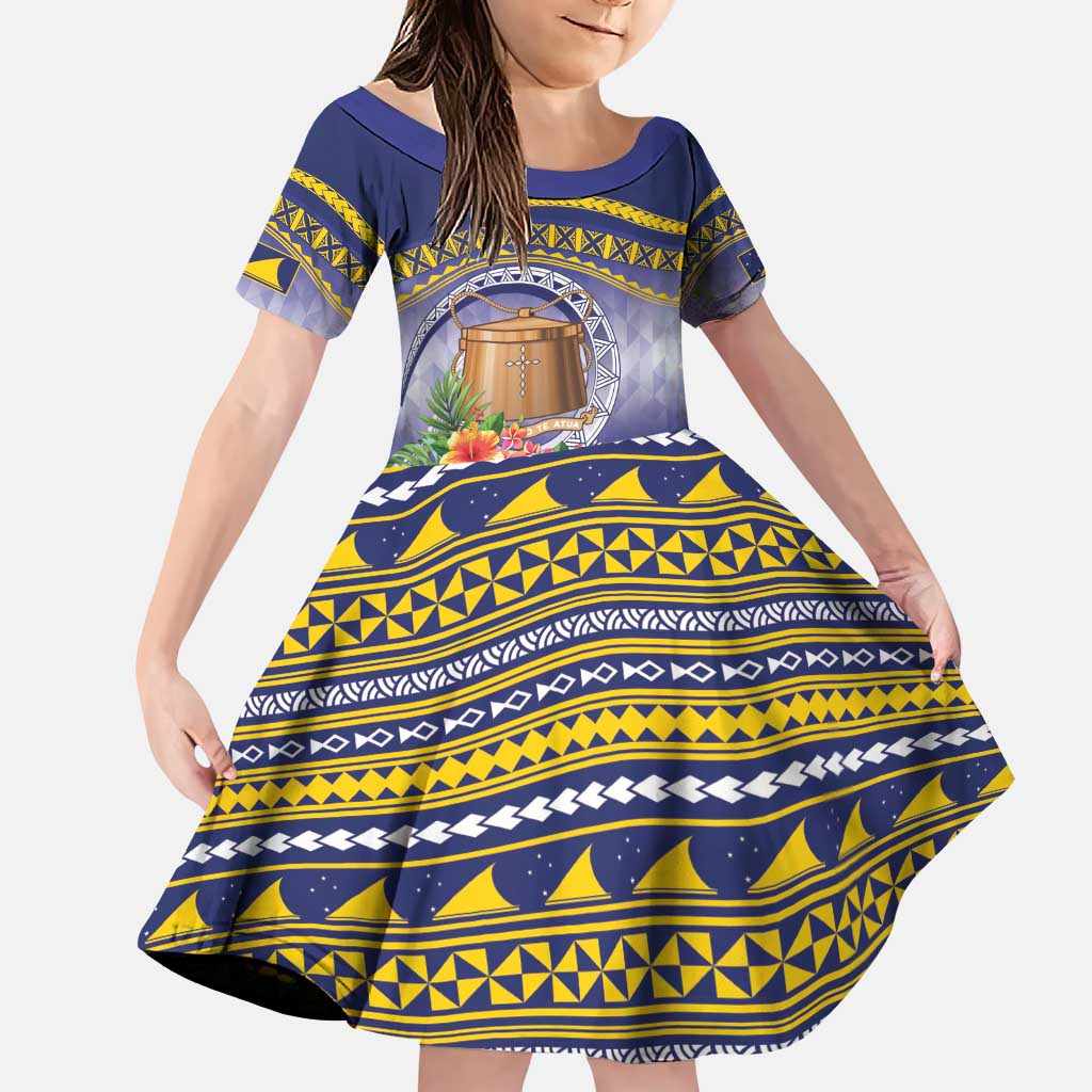 Tokelau Tuluma Family Matching Puletasi and Hawaiian Shirt Polynesian Tropical Flowers LT9 Daughter's Dress Blue - Polynesian Pride
