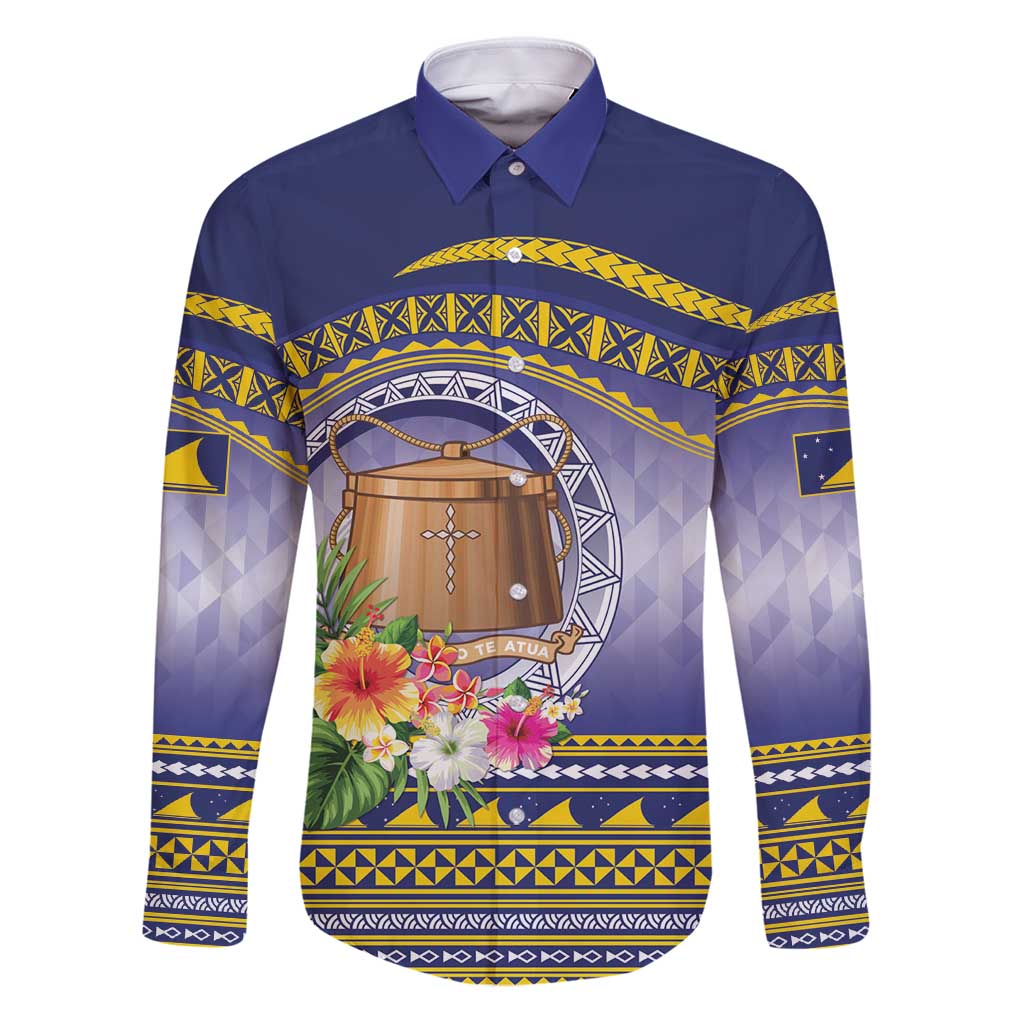 Tokelau Tuluma Family Matching Puletasi and Hawaiian Shirt Polynesian Tropical Flowers LT9 Dad's Shirt - Long Sleeve Blue - Polynesian Pride