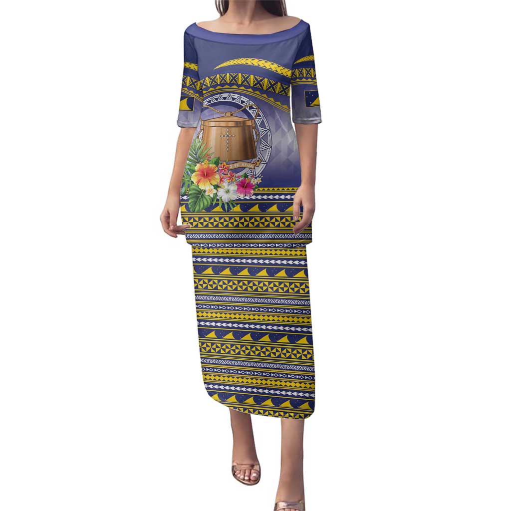 Tokelau Tuluma Family Matching Puletasi and Hawaiian Shirt Polynesian Tropical Flowers LT9 Mom's Dress Blue - Polynesian Pride