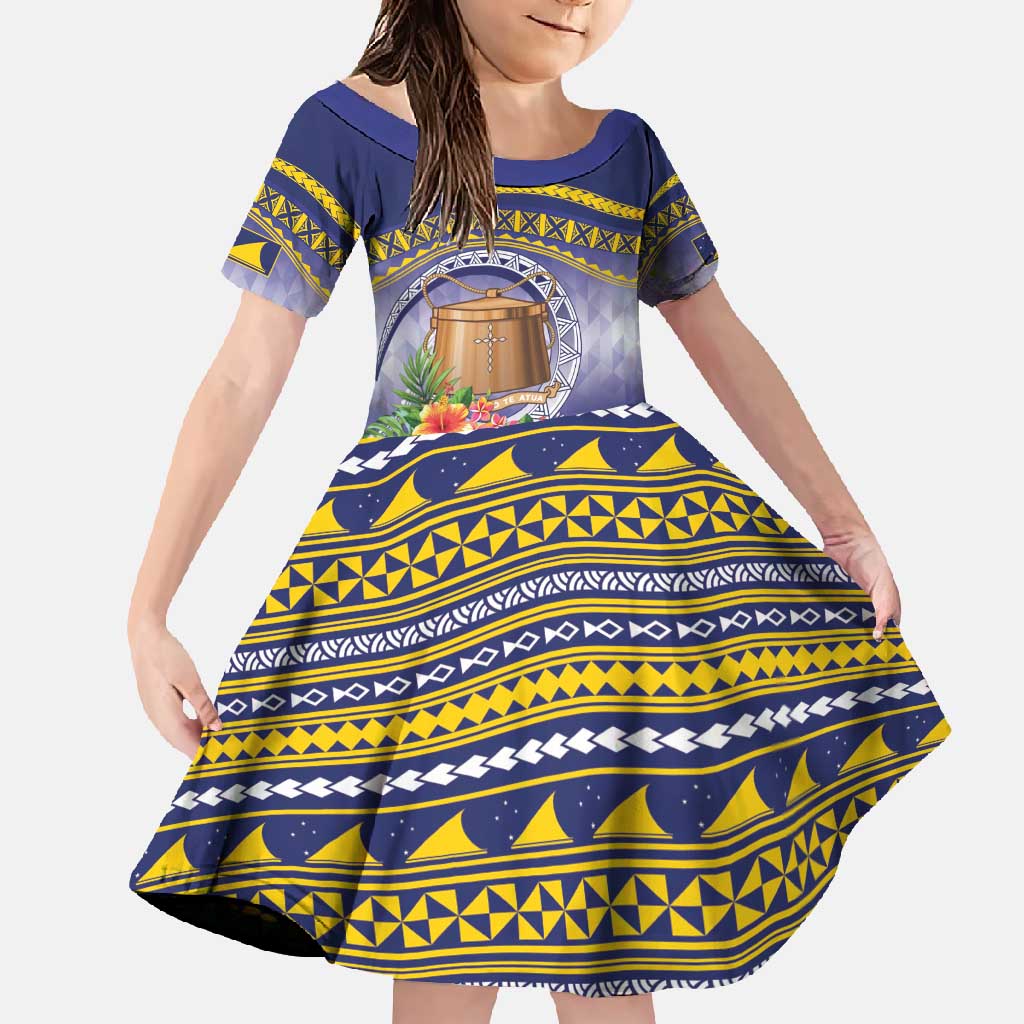 Tokelau Tuluma Family Matching Short Sleeve Bodycon Dress and Hawaiian Shirt Polynesian Tropical Flowers LT9 Daughter's Dress Blue - Polynesian Pride