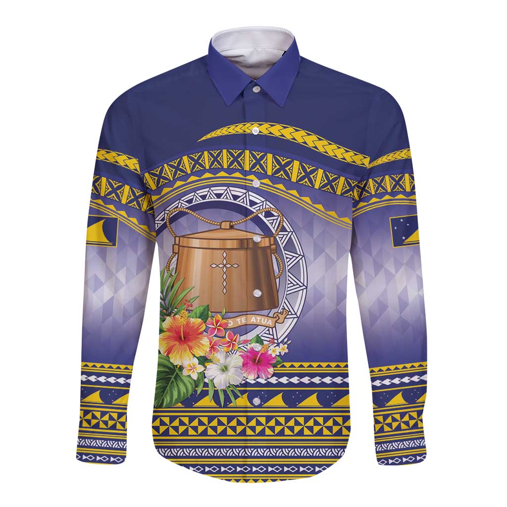 Tokelau Tuluma Long Sleeve Button Shirt Polynesian Tropical Flowers LT9 Unisex Blue - Polynesian Pride