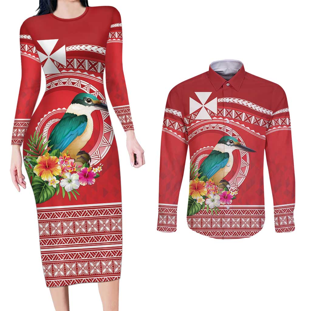 Wallis et Futuna Kingfisher Couples Matching Long Sleeve Bodycon Dress and Long Sleeve Button Shirt Polynesian Tropical Flowers LT9 Red - Polynesian Pride