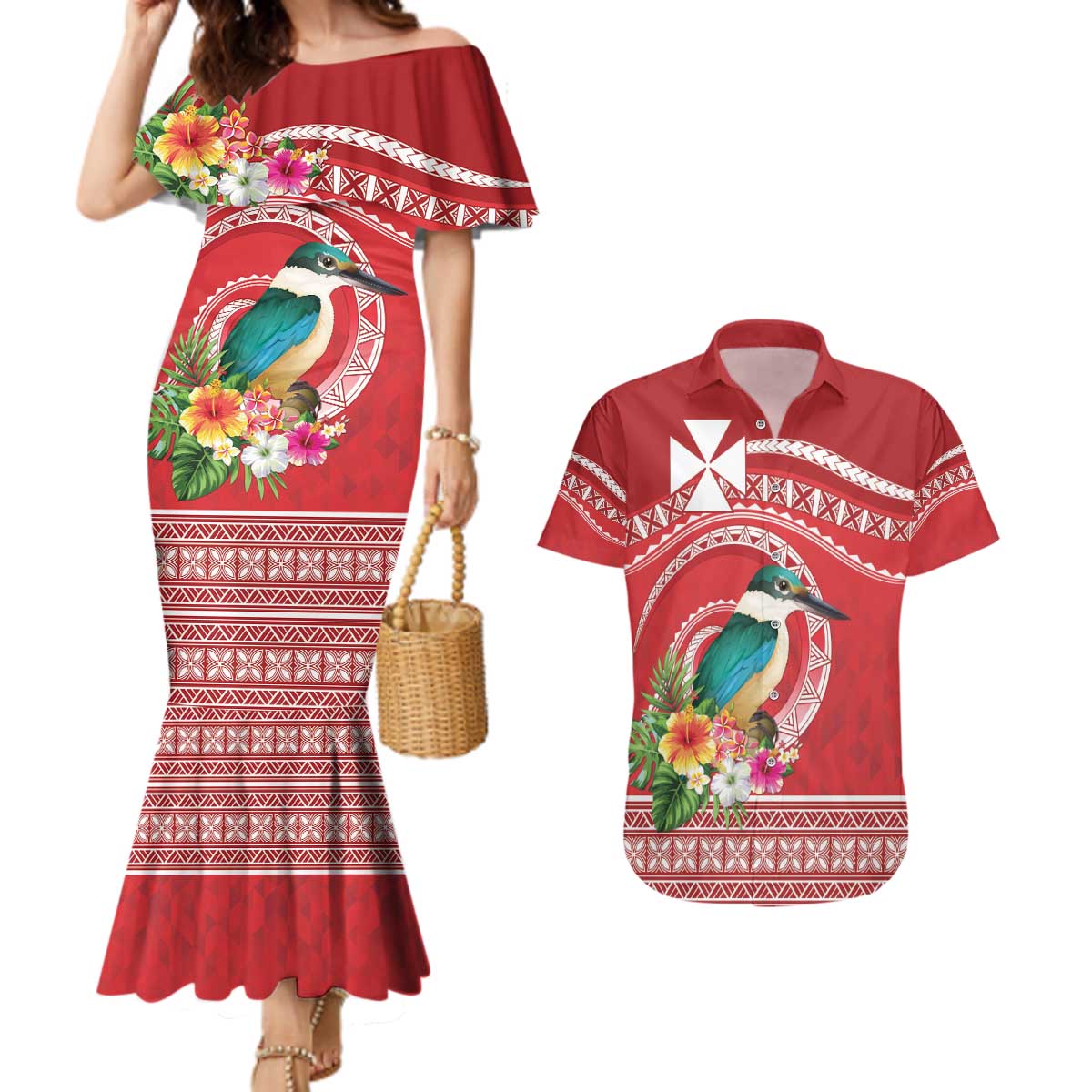 Wallis et Futuna Kingfisher Couples Matching Mermaid Dress and Hawaiian Shirt Polynesian Tropical Flowers LT9 Red - Polynesian Pride