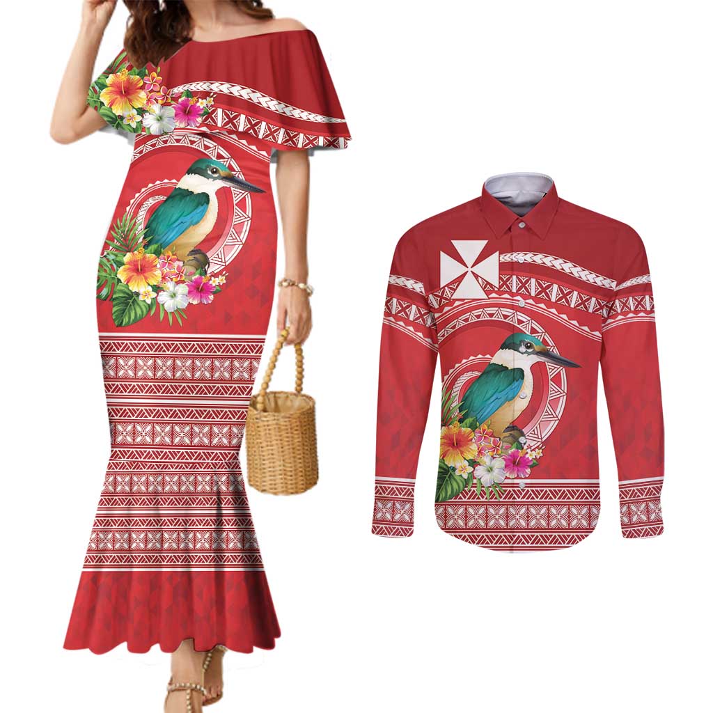 Wallis et Futuna Kingfisher Couples Matching Mermaid Dress and Long Sleeve Button Shirt Polynesian Tropical Flowers LT9 Red - Polynesian Pride