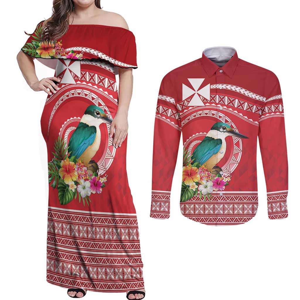 Wallis et Futuna Kingfisher Couples Matching Off Shoulder Maxi Dress and Long Sleeve Button Shirt Polynesian Tropical Flowers LT9 Red - Polynesian Pride