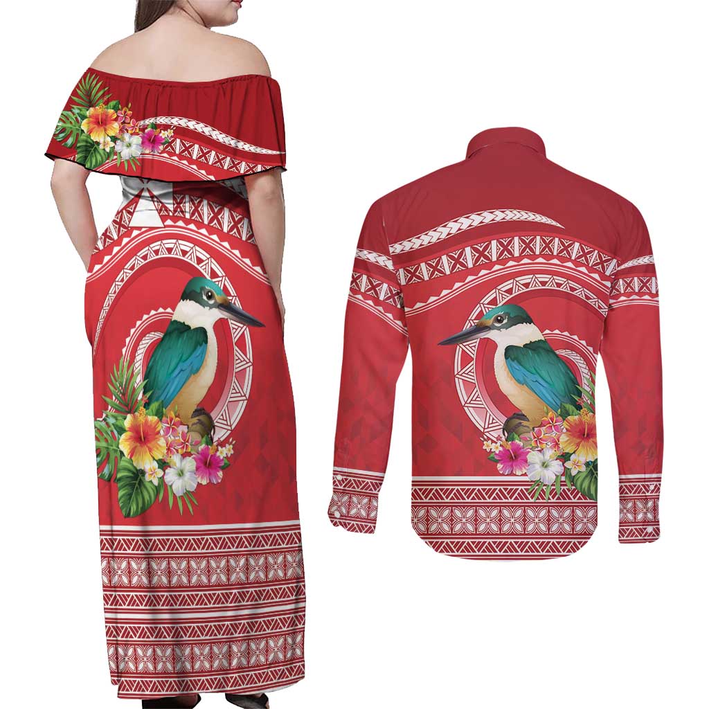 Wallis et Futuna Kingfisher Couples Matching Off Shoulder Maxi Dress and Long Sleeve Button Shirt Polynesian Tropical Flowers LT9 - Polynesian Pride