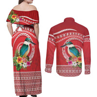Wallis et Futuna Kingfisher Couples Matching Off Shoulder Maxi Dress and Long Sleeve Button Shirt Polynesian Tropical Flowers LT9 - Polynesian Pride