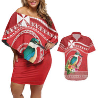 Wallis et Futuna Kingfisher Couples Matching Off Shoulder Short Dress and Hawaiian Shirt Polynesian Tropical Flowers LT9 Red - Polynesian Pride