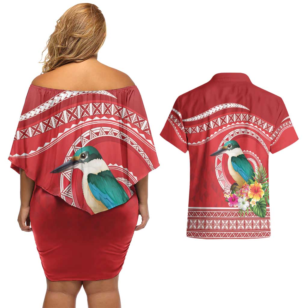 Wallis et Futuna Kingfisher Couples Matching Off Shoulder Short Dress and Hawaiian Shirt Polynesian Tropical Flowers LT9 - Polynesian Pride