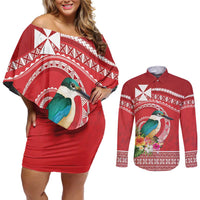 Wallis et Futuna Kingfisher Couples Matching Off Shoulder Short Dress and Long Sleeve Button Shirt Polynesian Tropical Flowers LT9 Red - Polynesian Pride