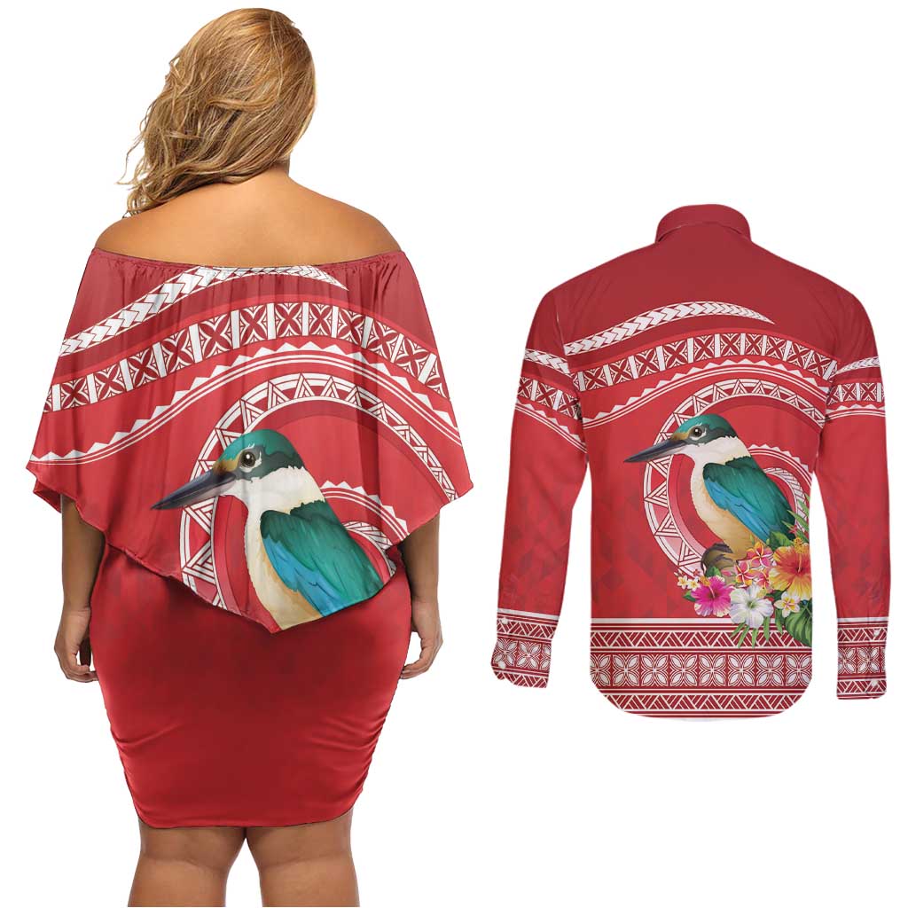 Wallis et Futuna Kingfisher Couples Matching Off Shoulder Short Dress and Long Sleeve Button Shirt Polynesian Tropical Flowers LT9 - Polynesian Pride