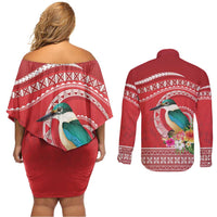 Wallis et Futuna Kingfisher Couples Matching Off Shoulder Short Dress and Long Sleeve Button Shirt Polynesian Tropical Flowers LT9 - Polynesian Pride