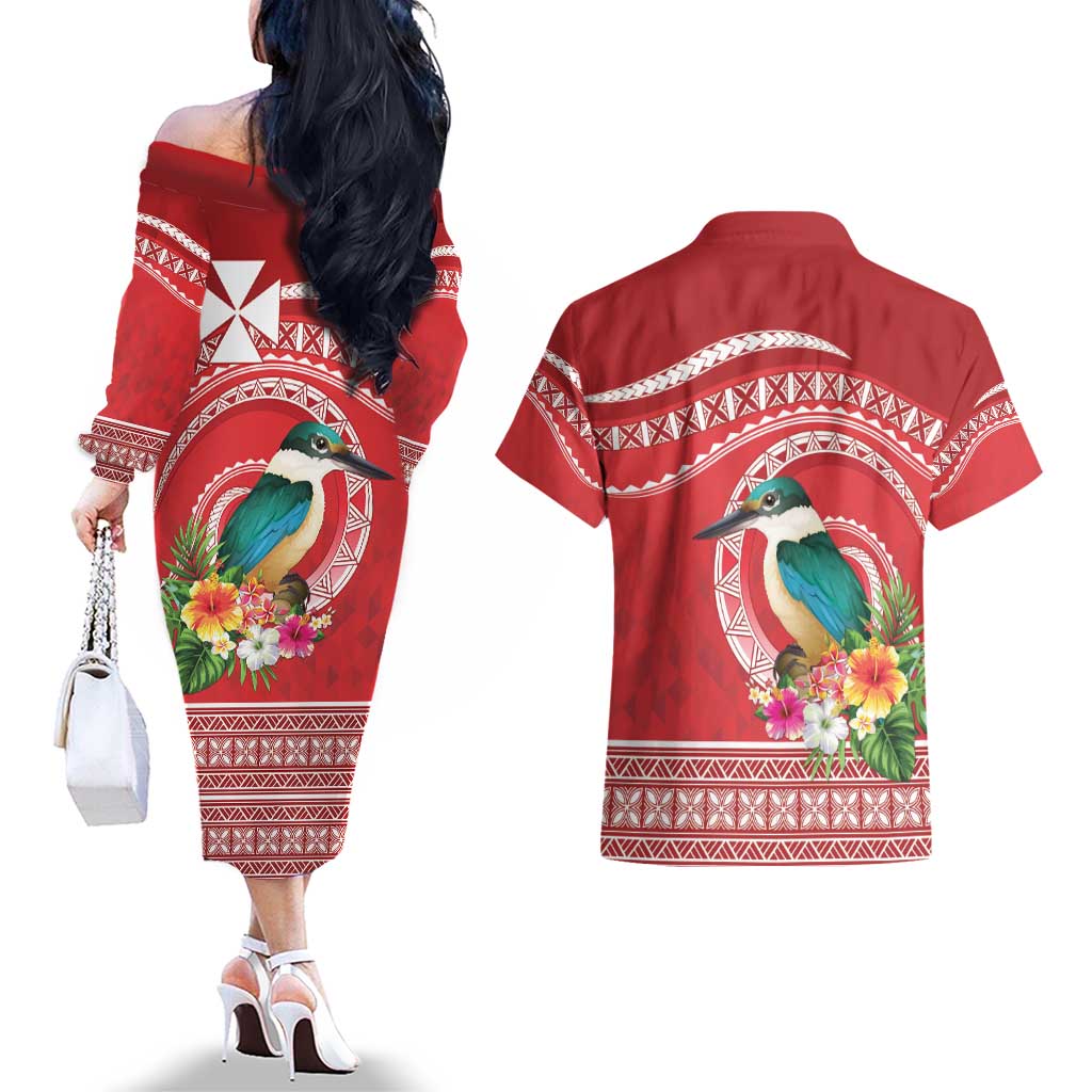 Wallis et Futuna Kingfisher Couples Matching Off The Shoulder Long Sleeve Dress and Hawaiian Shirt Polynesian Tropical Flowers LT9 - Polynesian Pride