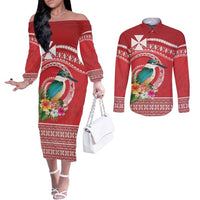 Wallis et Futuna Kingfisher Couples Matching Off The Shoulder Long Sleeve Dress and Long Sleeve Button Shirt Polynesian Tropical Flowers LT9 Red - Polynesian Pride