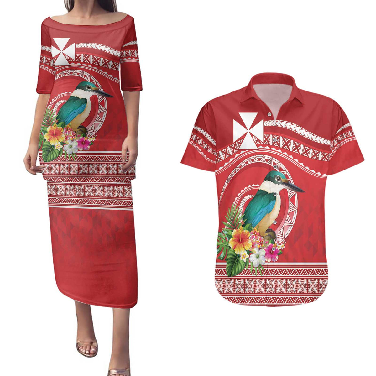 Wallis et Futuna Kingfisher Couples Matching Puletasi and Hawaiian Shirt Polynesian Tropical Flowers LT9 Red - Polynesian Pride