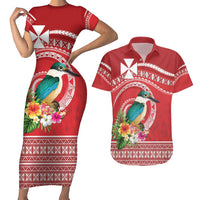 Wallis et Futuna Kingfisher Couples Matching Short Sleeve Bodycon Dress and Hawaiian Shirt Polynesian Tropical Flowers LT9 Red - Polynesian Pride