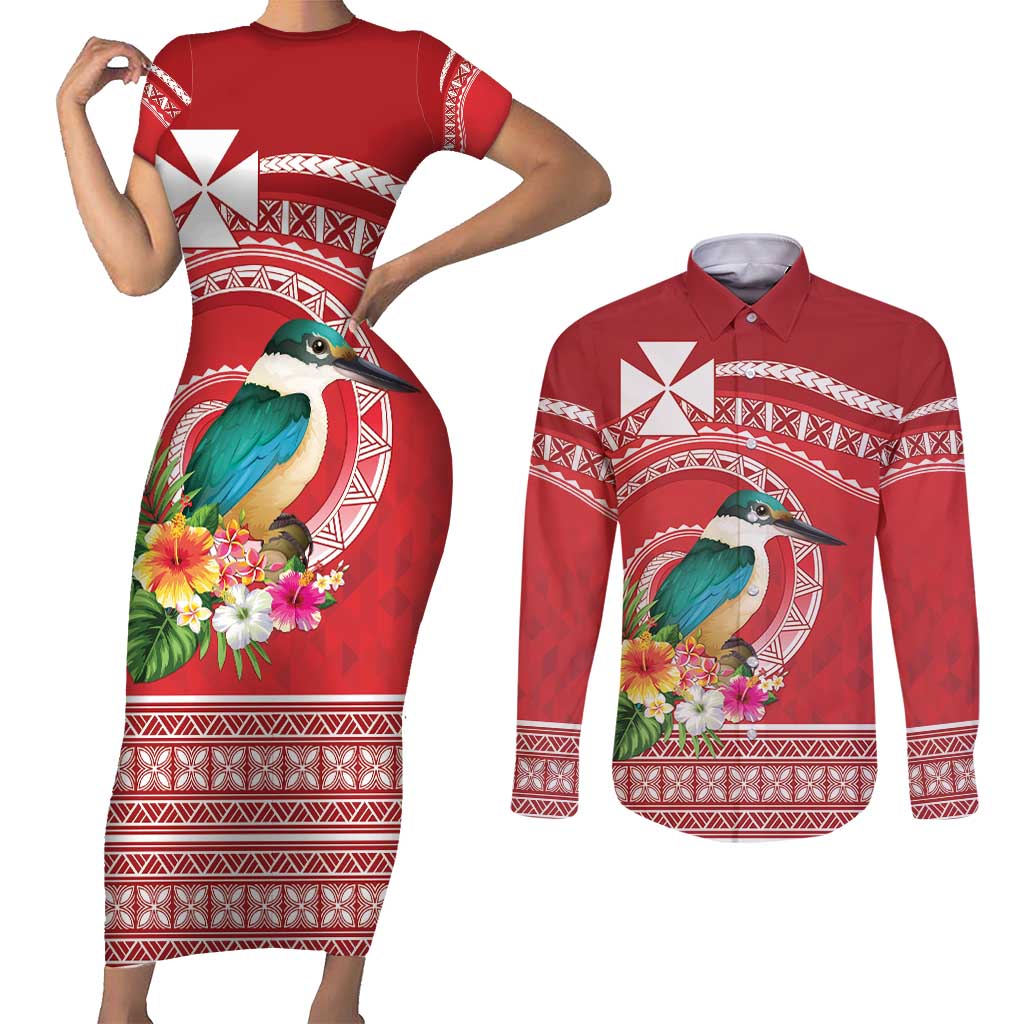 Wallis et Futuna Kingfisher Couples Matching Short Sleeve Bodycon Dress and Long Sleeve Button Shirt Polynesian Tropical Flowers LT9 Red - Polynesian Pride