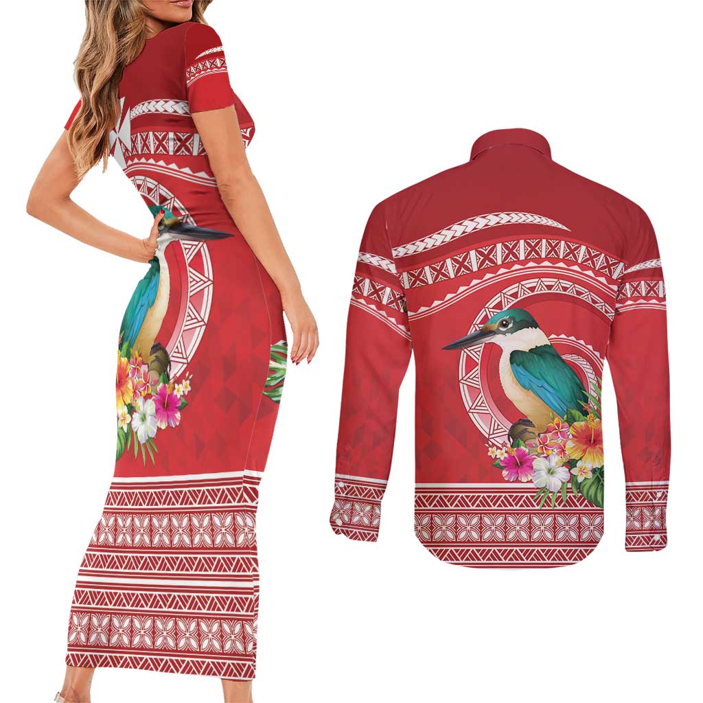 Wallis et Futuna Kingfisher Couples Matching Short Sleeve Bodycon Dress and Long Sleeve Button Shirt Polynesian Tropical Flowers LT9 - Polynesian Pride