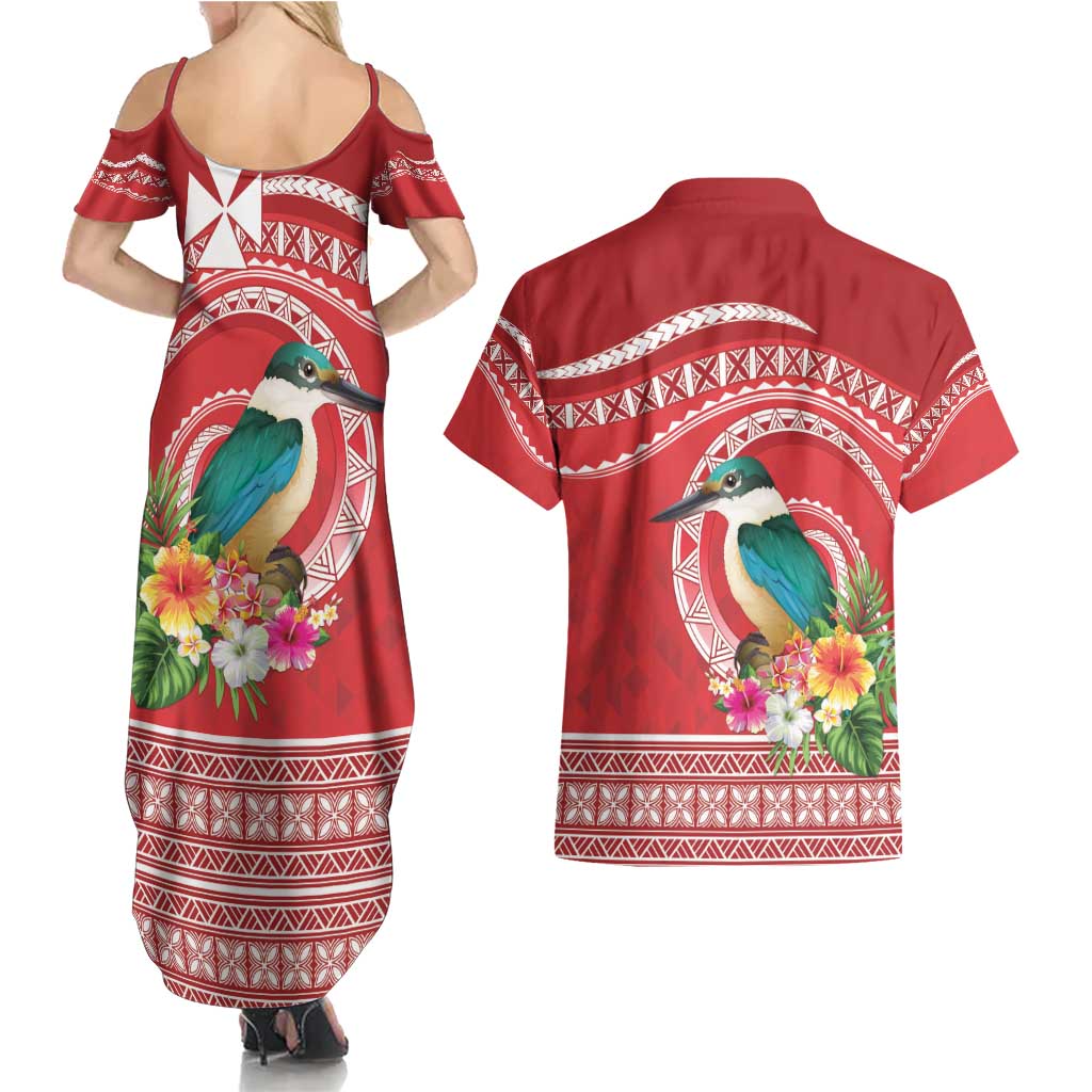 Wallis et Futuna Kingfisher Couples Matching Summer Maxi Dress and Hawaiian Shirt Polynesian Tropical Flowers LT9 - Polynesian Pride