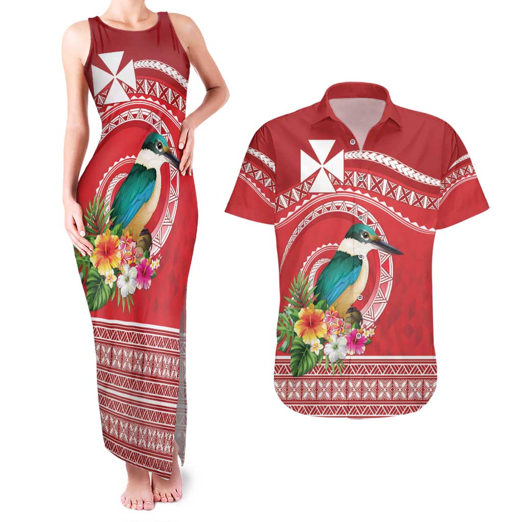 Wallis et Futuna Kingfisher Couples Matching Tank Maxi Dress and Hawaiian Shirt Polynesian Tropical Flowers LT9 Red - Polynesian Pride