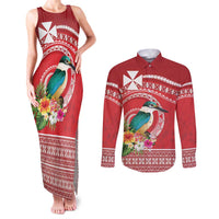 Wallis et Futuna Kingfisher Couples Matching Tank Maxi Dress and Long Sleeve Button Shirt Polynesian Tropical Flowers LT9 Red - Polynesian Pride