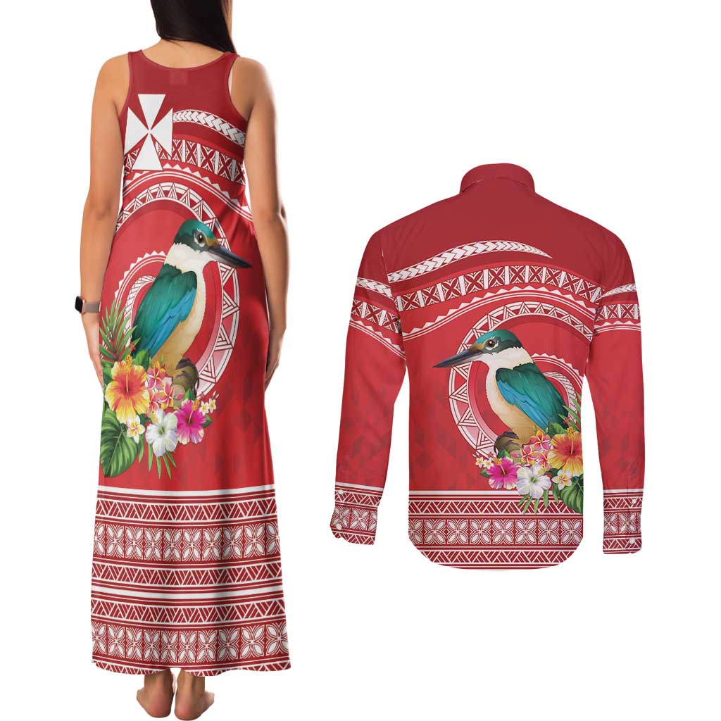 Wallis et Futuna Kingfisher Couples Matching Tank Maxi Dress and Long Sleeve Button Shirt Polynesian Tropical Flowers LT9 - Polynesian Pride