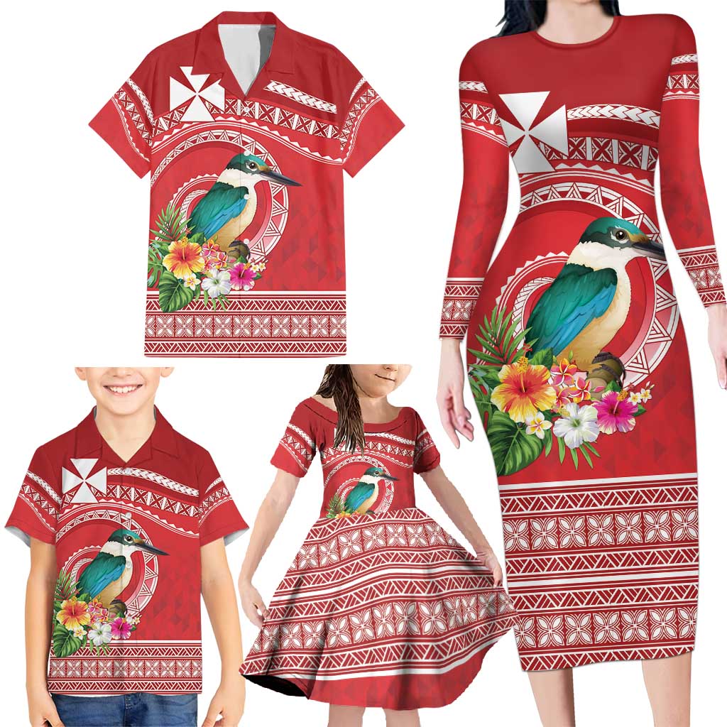 Wallis et Futuna Kingfisher Family Matching Long Sleeve Bodycon Dress and Hawaiian Shirt Polynesian Tropical Flowers LT9 - Polynesian Pride