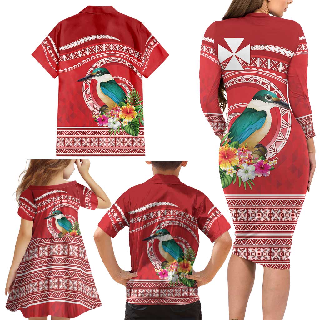 Wallis et Futuna Kingfisher Family Matching Long Sleeve Bodycon Dress and Hawaiian Shirt Polynesian Tropical Flowers LT9 - Polynesian Pride