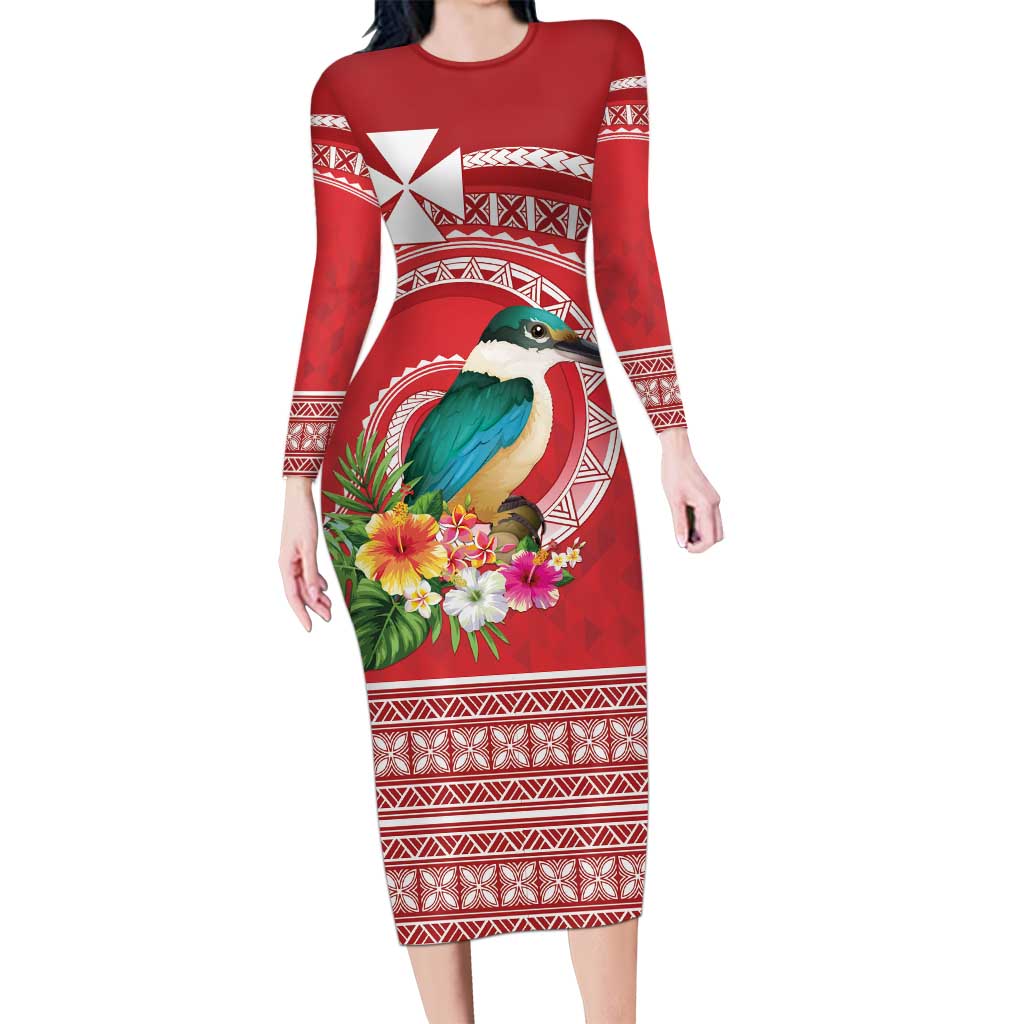 Wallis et Futuna Kingfisher Family Matching Long Sleeve Bodycon Dress and Hawaiian Shirt Polynesian Tropical Flowers LT9 Mom's Dress Red - Polynesian Pride