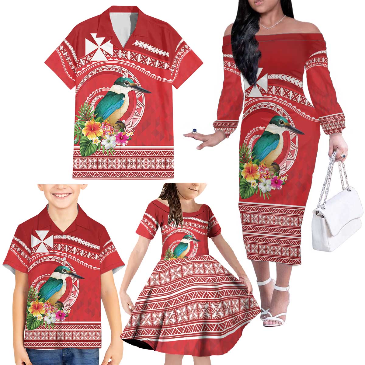 Wallis et Futuna Kingfisher Family Matching Off The Shoulder Long Sleeve Dress and Hawaiian Shirt Polynesian Tropical Flowers LT9 - Polynesian Pride