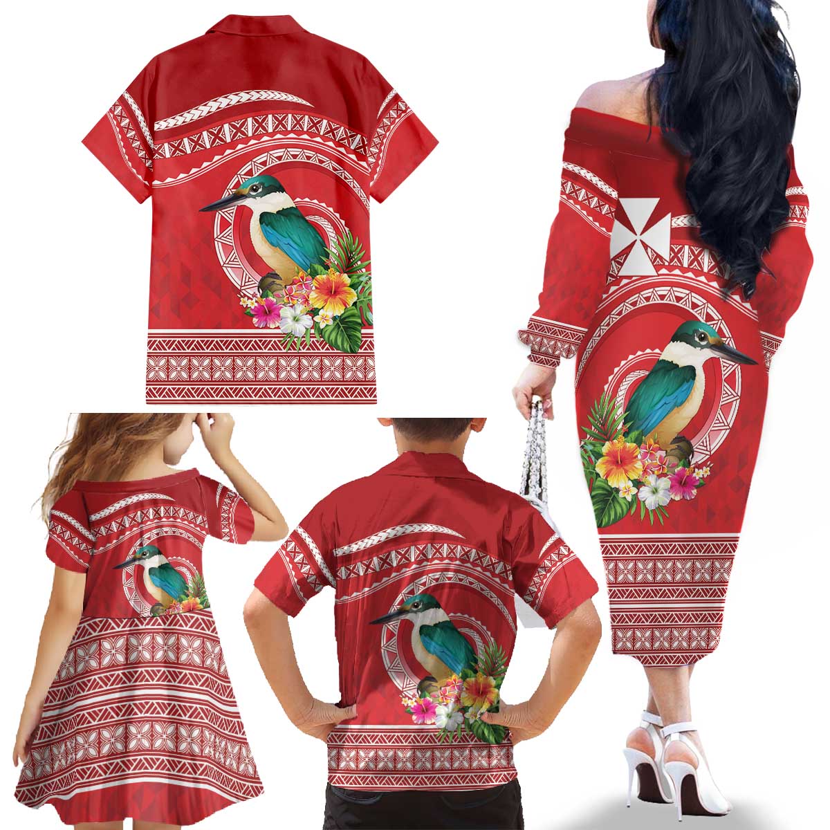 Wallis et Futuna Kingfisher Family Matching Off The Shoulder Long Sleeve Dress and Hawaiian Shirt Polynesian Tropical Flowers LT9 - Polynesian Pride