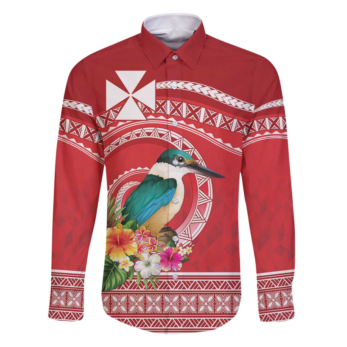 Wallis et Futuna Kingfisher Family Matching Off The Shoulder Long Sleeve Dress and Hawaiian Shirt Polynesian Tropical Flowers LT9 Dad's Shirt - Long Sleeve Red - Polynesian Pride