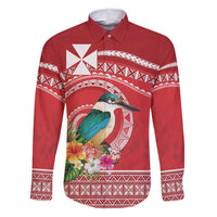 Wallis et Futuna Kingfisher Family Matching Off Shoulder Maxi Dress and Hawaiian Shirt Polynesian Tropical Flowers LT9 Dad's Shirt - Long Sleeve Red - Polynesian Pride