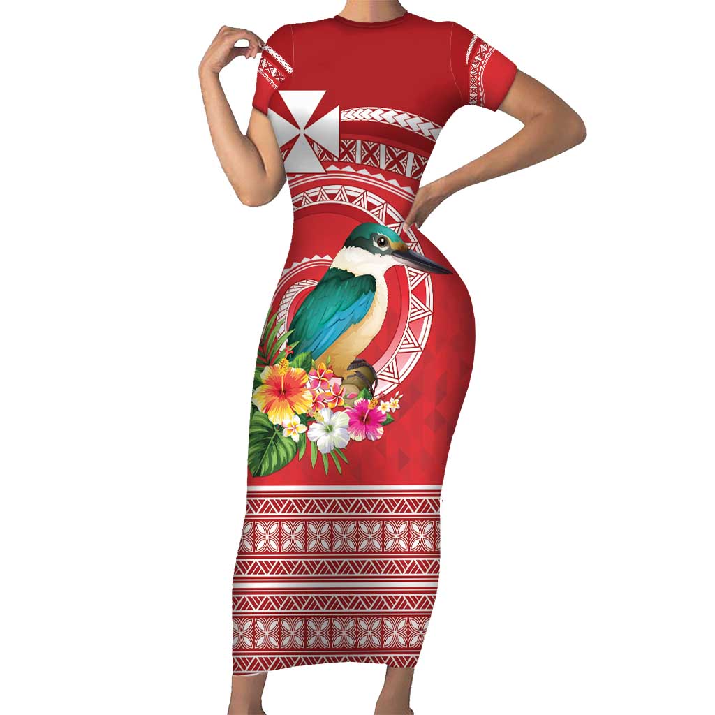 Wallis et Futuna Kingfisher Family Matching Short Sleeve Bodycon Dress and Hawaiian Shirt Polynesian Tropical Flowers LT9 Mom's Dress Red - Polynesian Pride