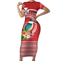 Wallis et Futuna Kingfisher Family Matching Short Sleeve Bodycon Dress and Hawaiian Shirt Polynesian Tropical Flowers LT9 Mom's Dress Red - Polynesian Pride