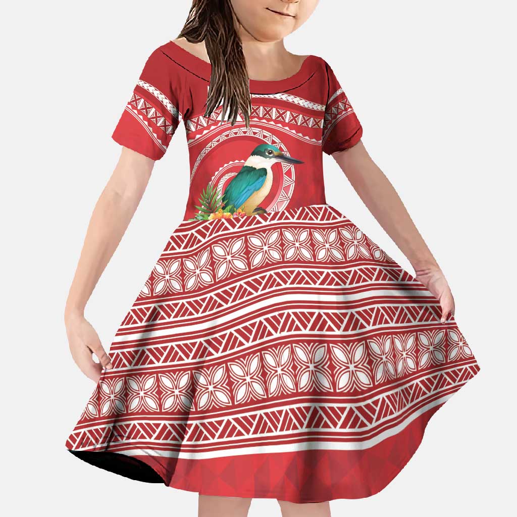 Wallis et Futuna Kingfisher Family Matching Tank Maxi Dress and Hawaiian Shirt Polynesian Tropical Flowers LT9 Daughter's Dress Red - Polynesian Pride