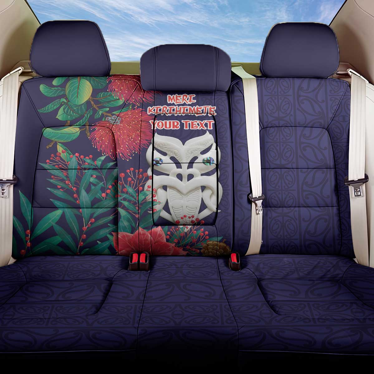 Maori Wheku Meri Kirihimete Personalised Back Car Seat Cover All Blue Indigenous Maori Motif - Polynesian Pride