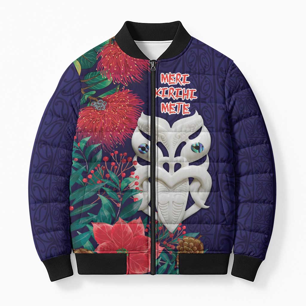 Maori Wheku Meri Kirihimete Personalised Bomber Puffer Jacket All Blue Indigenous Maori Motif LT9 Unisex Blue - Polynesian Pride