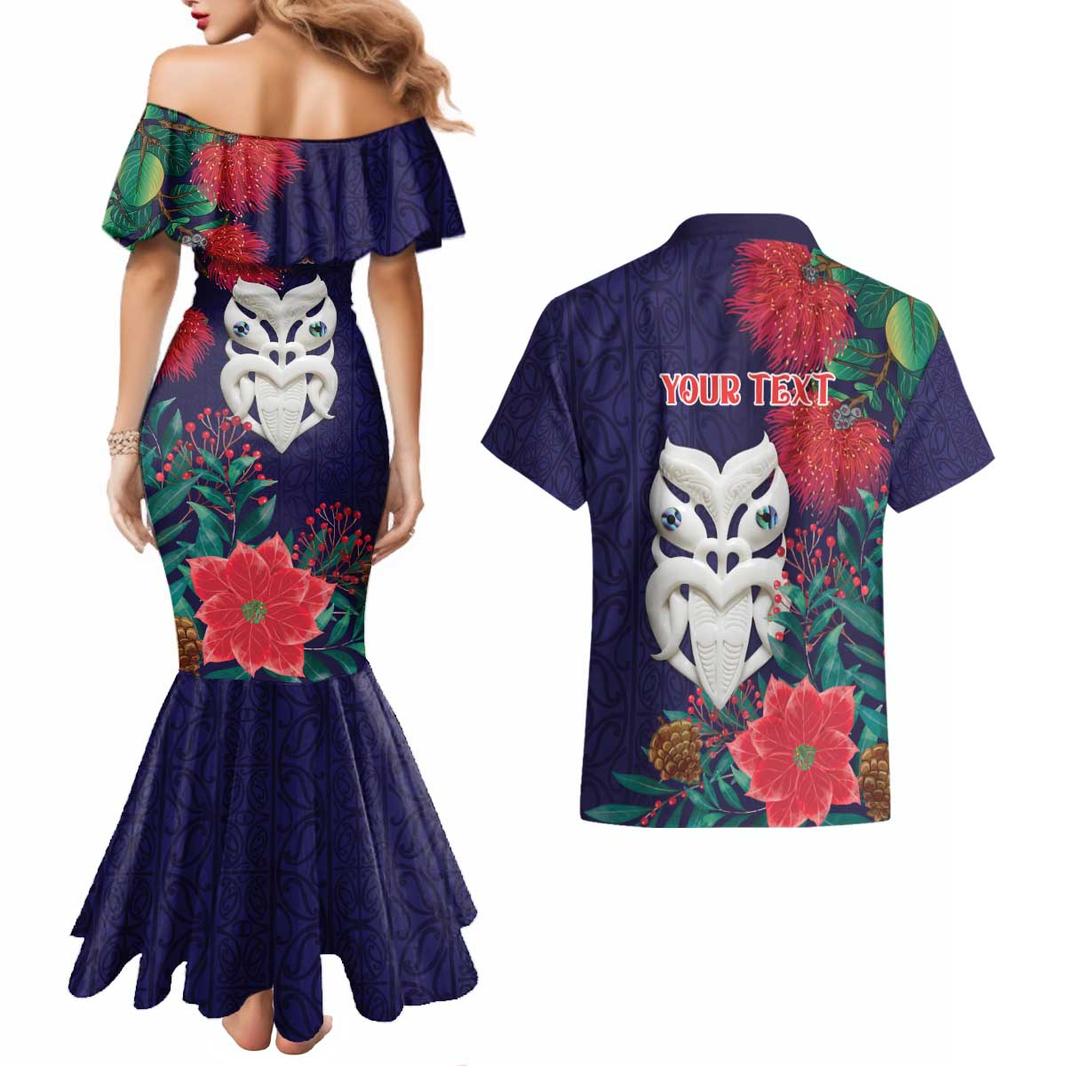 Maori Wheku Meri Kirihimete Personalised Couples Matching Mermaid Dress and Hawaiian Shirt All Blue Indigenous Maori Motif LT9 - Polynesian Pride