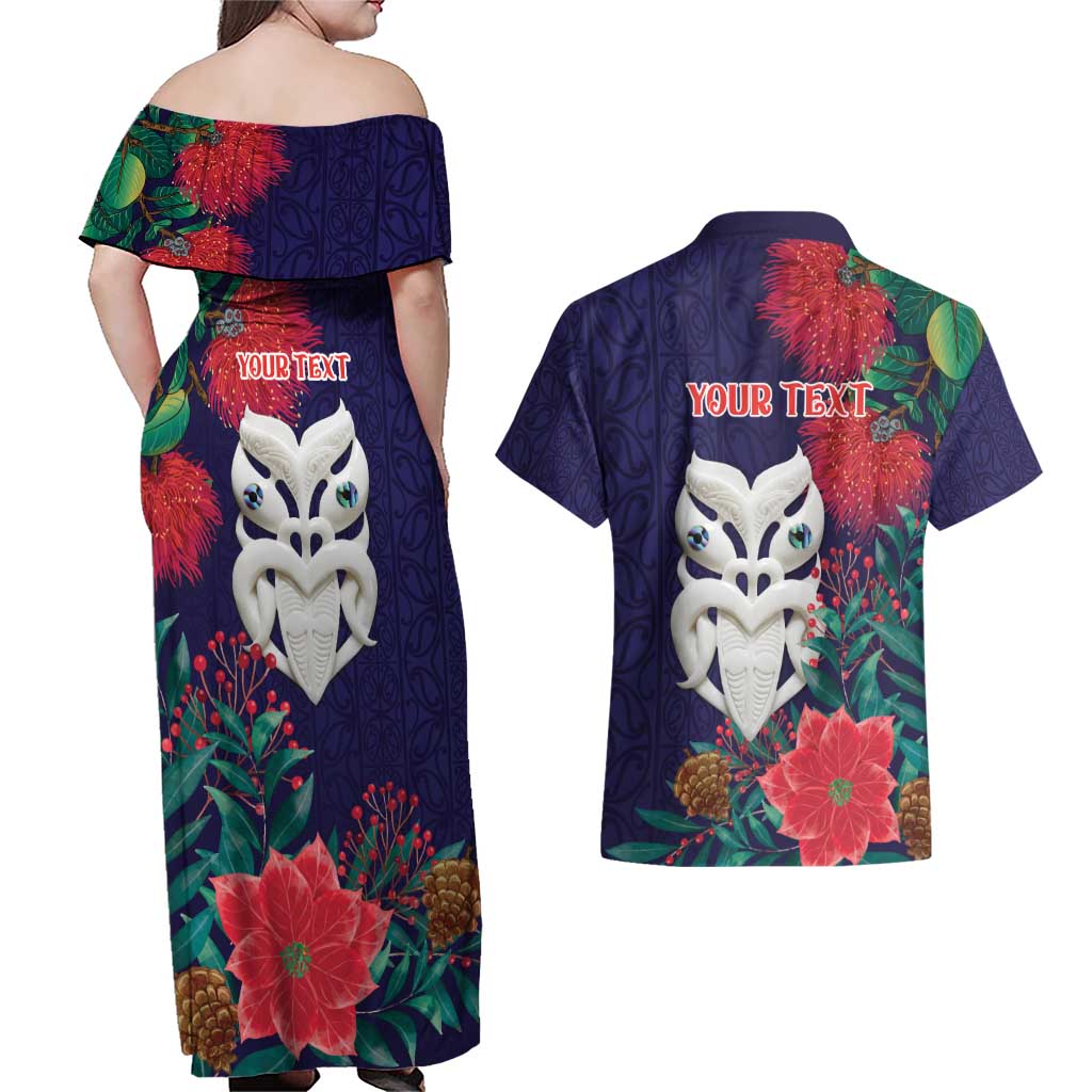Maori Wheku Meri Kirihimete Personalised Couples Matching Off Shoulder Maxi Dress and Hawaiian Shirt All Blue Indigenous Maori Motif LT9 - Polynesian Pride